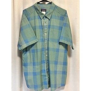PATAGONIA Mens Sz XXL Button Check Blue Green Shirt Organic Cotton Short Sleeve